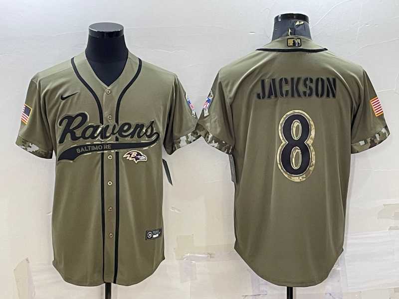 Mens Baltimore Ravens #8 Lamar Jackson Olive 2022 Salute to Service Cool Base Jersey